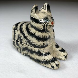 Vintage Wooden Cat Trinket Box Black And White Striped Cat 3.  5 " X 3 " India Made
