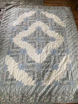 Vintage Cotton Star Quilt Shabby Cottage Chic Softfaded Blue Log Cabin