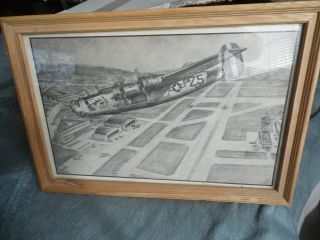 Vintage Wwii North American B - 25 Bomber Plane Print.  Framed And Matted.  B/w