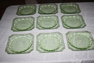 Vintage Jeannette Adam Pattern Set 9 Green Depression Glass Salad Plates,  7 3/4 "