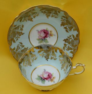 Paragon Queen Mary Tea Cup And Saucer - Light Pale Blue And Single Pink Rose Vtg