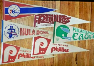 6 Vintage 1970 80 Philadelphia Full Sized Pennants Phillies Eagles 76ers 11x30 "