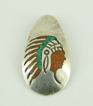 Vintage Southwestern Sterling Silver F.  Dan Turquoise & Coral Pendant