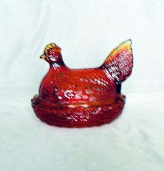 Vintage Red Glass Chicken On Nest Dish