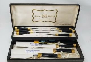 9 Piece Vintage Regent Sheffield Cutlery Carving Steak Knives 24 Kt.  Gold Trim