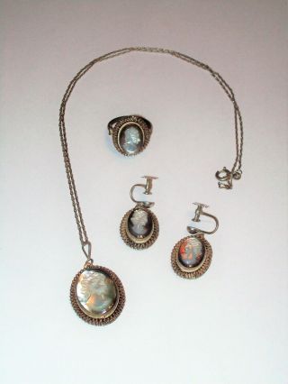 Vintage 3 - Piece 800 Silver Mother Of Pearl Cameo Jewelry Set