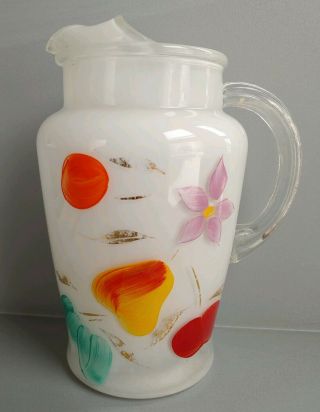 Vintage Bartlett Collins Glass Painted Fruits Gay Fad Small 7 " Beverage Pitcher
