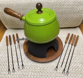 Mcm Mid Century Vintage Avocado Green Fondue Pot Set W/ Wood Base And 8 Forks