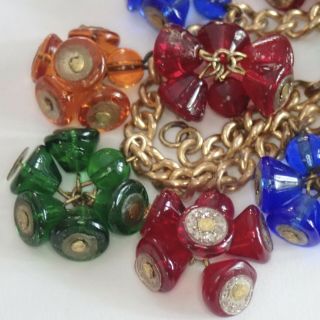 Vtg Art Deco Miriam Haskell Gilt Brass Multi Color Glass Bead Dangle Bracelet