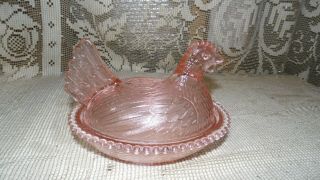 Vintage Glass Hen On A Nest Pink Container Candy Dish