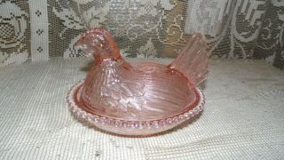 VINTAGE GLASS HEN ON A NEST PINK CONTAINER CANDY DISH 2