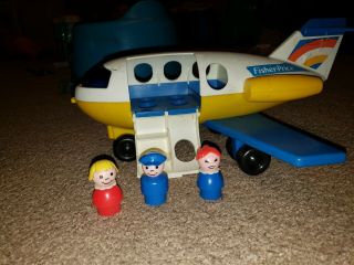 Vintage Fisher Price Little People 1980 Blue/yellow Airplane W Pilot & 2 People