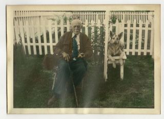 Vintage 5x7 Photo Older Man German Shepherd Dog Hand Color Tinted Found Art R11