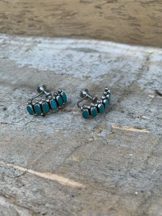 Vintage Zuni Indian Sterling & Turquoise Needlepoint Screw Back Earrings