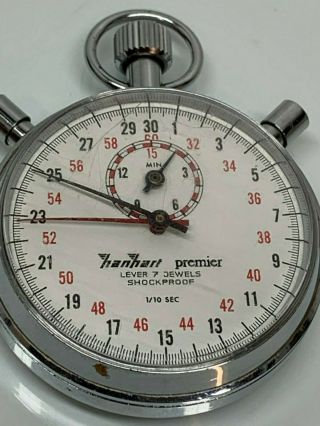 Hanhart Premier Lever 7 Jewels Shockproof 1/10 Sec Stop Vintage Watch Germany