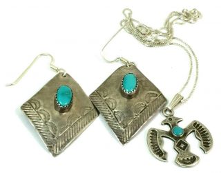 Vtg Native American Sterling Silver Turquoise Thunderbird Necklace W/earrings