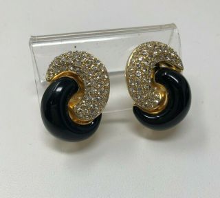 Vintage Christian Dior Pave Rhinestone Gold Tone And Black Clip On Earrings