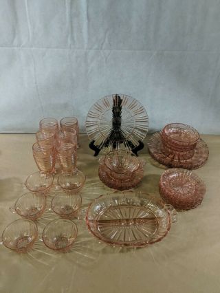 Vintage Set Of Pink Depression Glass Dishes L5