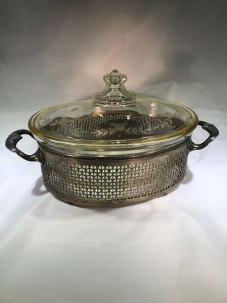 Vintage Pyrex Casserole Dish With Lid In Silver Plated Carrier
