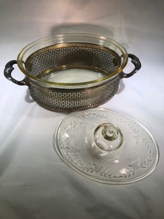 vintage Pyrex casserole dish with lid In Silver Plated Carrier 3
