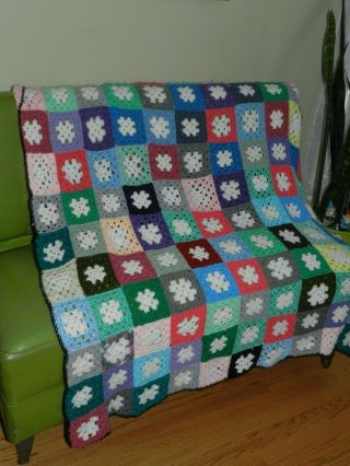 Vtg Handmade Sofa Throw Crocheted Afghan Blanket Granny Square Boho Retro