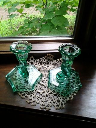 Vintage Green Glass Dolphin Candlestick Holders 4 "