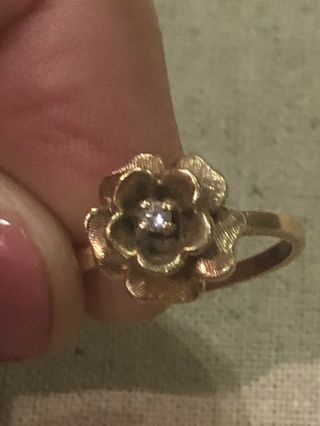 Vintage 10k Yellow Gold Diamond Rose Flower Floral Ring