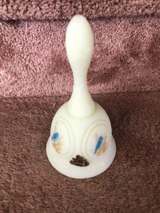 Vintage Fenton Art Glass Bell - Custard And Hand Painted With Blue Birds