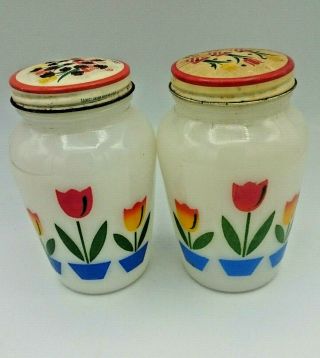 Vintage Fire King,  Anchor Hocking,  Tulip Salt And Pepper Shakers With Lids.
