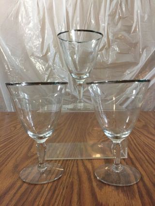 3 Vintage Silver Rimmed Needle Etched 6” Tall Wine Martini Stemware Glasses