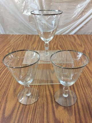 3 Vintage Silver Rimmed Needle Etched 6” Tall Wine Martini Stemware Glasses 2