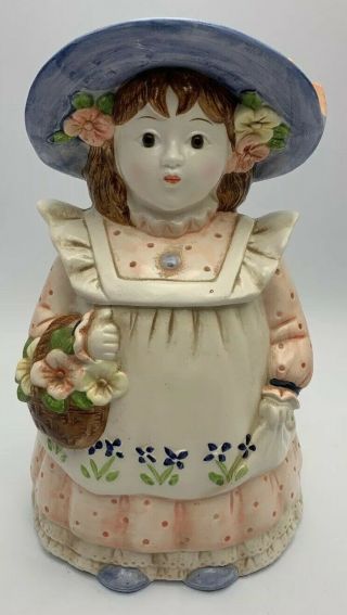Vintage Doll Ceramic Cookie Jar Girl Blue Hat Flower Basket 12 1/2 " It/479