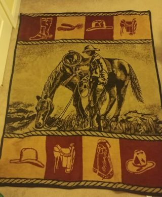 Vintage San Marcos Hi Pile Indian Cowboy Western Reversible Throw Blanket 80x60
