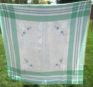 Vintage Tablecloth 52” Square Hand Cross Stitch Floral Green Card Table Bridge