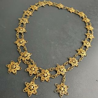 Vintage Art Deco Gold Tone Filigree Chain Multi Flower Necklace Statement K98
