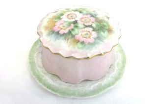 Vtg Ceramic Hand Painted Trinket Box & Plate Pink Flowers Green Leaves