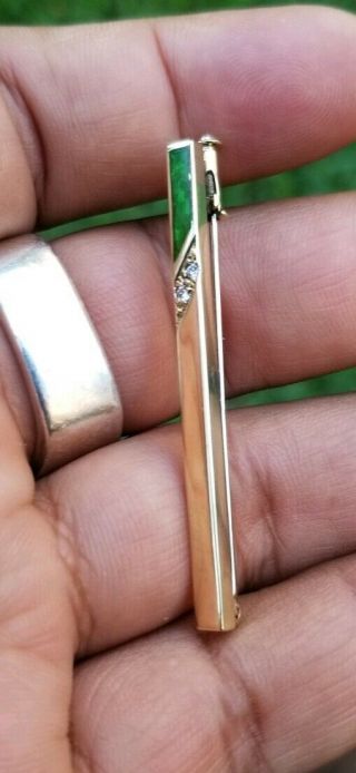 Vintage 14k Yellow Gold Diamond And Green Enamel Tie Pin