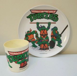 1989 Vtg Teenage Mutant Ninja Turtles Plastic Place Plate Cup Set Peter Pan Tmnt