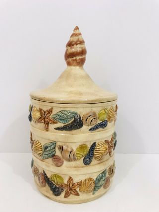 Vintage Nautical Ocean Shell Style Distressed Cookie Jar Canister Multi Color