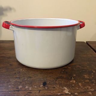 Vintage Enamelware White With Red Stripe Pan