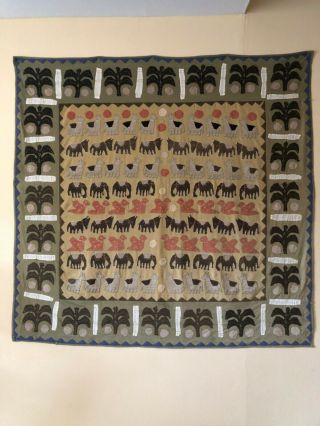 Vintage India Or Indian Wall Hanging Appliqué Quilt.  Elephant Donkey Bird