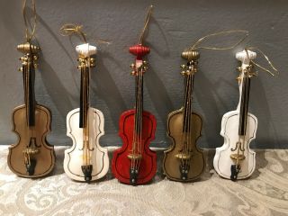 Vintage Wood Violin Fiddle Christmas Tree Ornaments - Set Of 5
