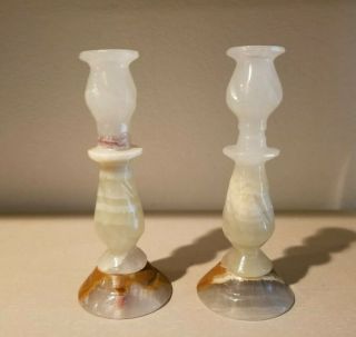 Vintage Marble Stone Set Of 2 Candlestick Candle Holders,  8 "