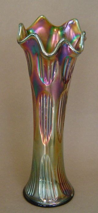 Vintage Fenton Carnival Glass Diamond And Rib 10.  5 " Vase Green Iridescent