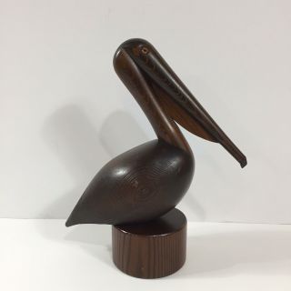 Vintage Modern 9 1/2 " Tall Carved Wood Pelican Bird Sculpture Statue Nautical