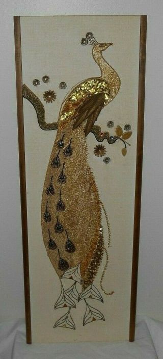 Vintage Mcm Golden Peacock Bird 12.  75x36 " Wall Art W Sequins,  Beads,  Metal,  Etc.