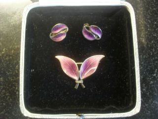 David Andersen Norway Vintage Brooch & Earring Set.  925 Silver & Purple Enamel.