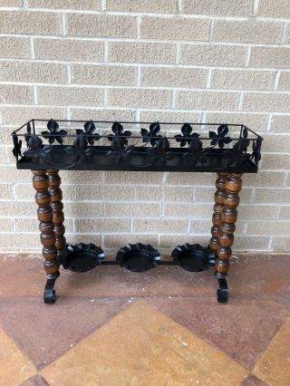 Vintage Black Metal Or Wrought Iron W/wood Legs Plant Stand
