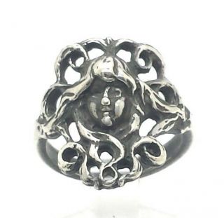 Vintage Art Nouveau Woman Face Design Fine Sterling Silver 925 Ring 5g Sz7 M4390