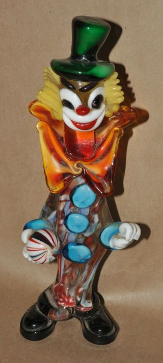 Vintage Murano Art Glass Creepy Clown Figurine With Ball & Bow - Tie Top Hat 10 "